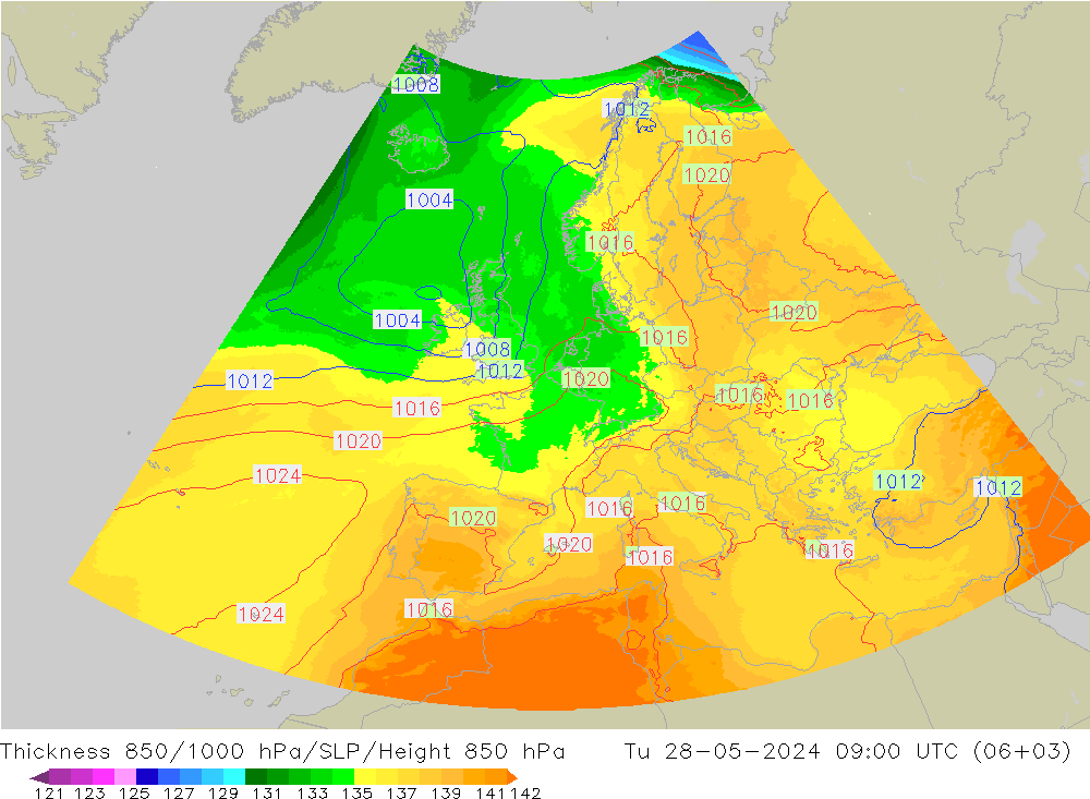 Schichtdicke 850-1000 hPa UK-Global Di 28.05.2024 09 UTC
