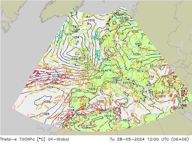 Theta-e 700hPa UK-Global Di 28.05.2024 12 UTC