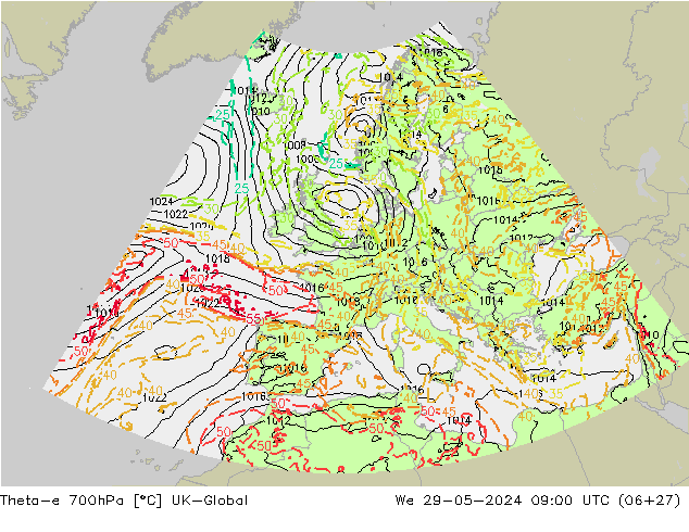 Theta-e 700hPa UK-Global mer 29.05.2024 09 UTC