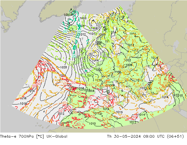 Theta-e 700hPa UK-Global Per 30.05.2024 09 UTC