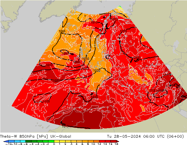 Theta-W 850hPa UK-Global Út 28.05.2024 06 UTC