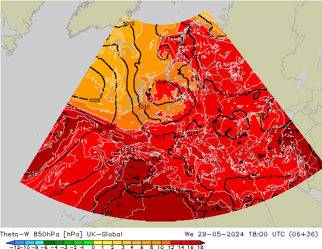 Theta-W 850hPa UK-Global mer 29.05.2024 18 UTC