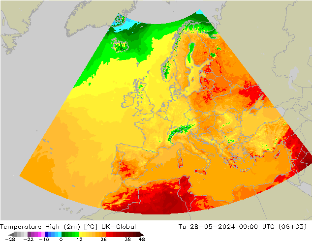 Темпер. макс 2т UK-Global вт 28.05.2024 09 UTC