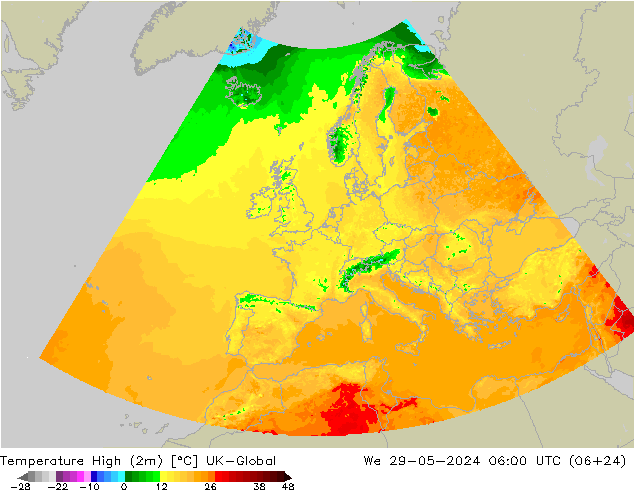 Temp. massima (2m) UK-Global mer 29.05.2024 06 UTC