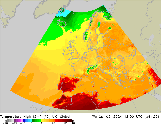 Temp. massima (2m) UK-Global mer 29.05.2024 18 UTC