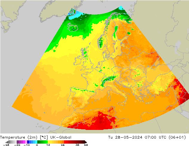 Sıcaklık Haritası (2m) UK-Global Sa 28.05.2024 07 UTC