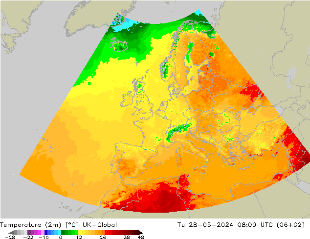 Temperaturkarte (2m) UK-Global Di 28.05.2024 08 UTC