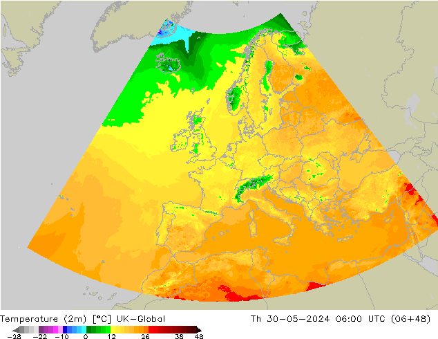 Temperature (2m) UK-Global Th 30.05.2024 06 UTC