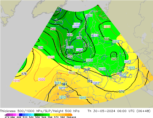 Thck 500-1000hPa UK-Global Th 30.05.2024 06 UTC