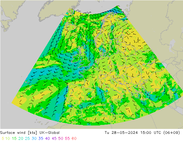 Vento 10 m UK-Global mar 28.05.2024 15 UTC