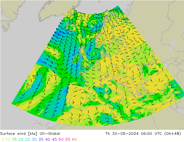 Rüzgar 10 m UK-Global Per 30.05.2024 06 UTC