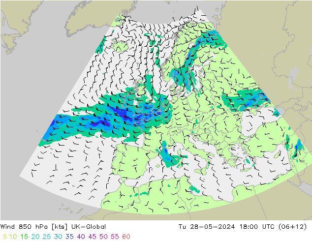 Wind 850 hPa UK-Global Tu 28.05.2024 18 UTC