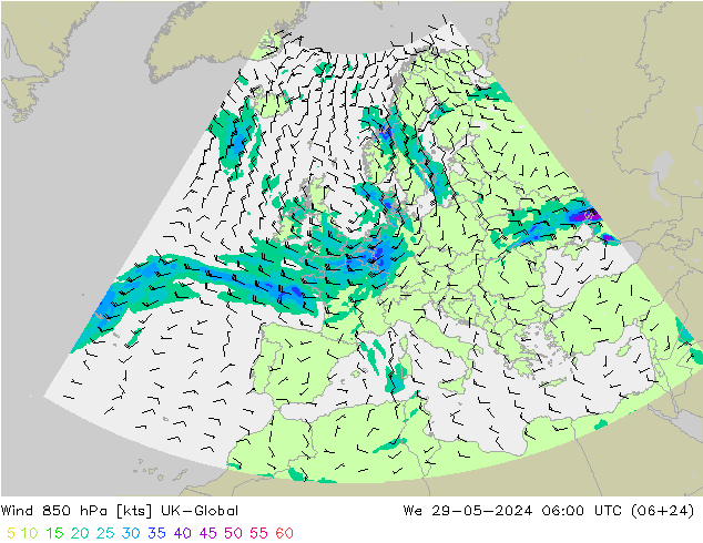 Vent 850 hPa UK-Global mer 29.05.2024 06 UTC