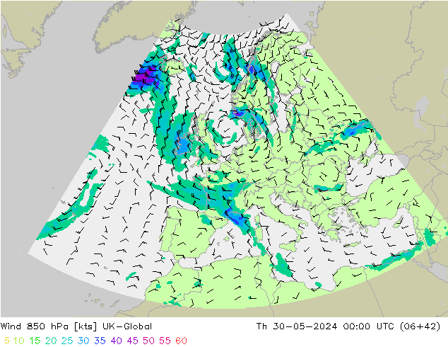 Wind 850 hPa UK-Global Do 30.05.2024 00 UTC