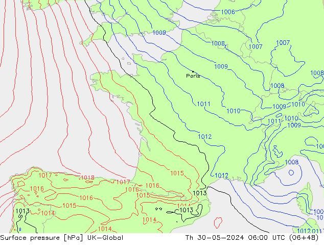 Atmosférický tlak UK-Global Čt 30.05.2024 06 UTC