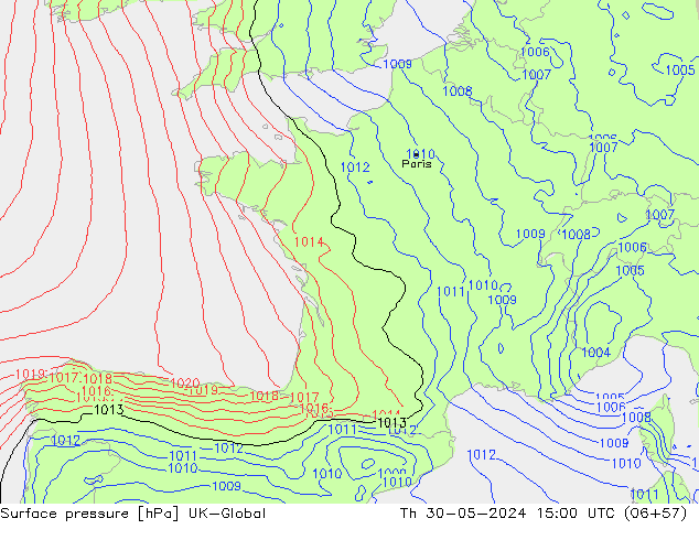 Surface pressure UK-Global Th 30.05.2024 15 UTC