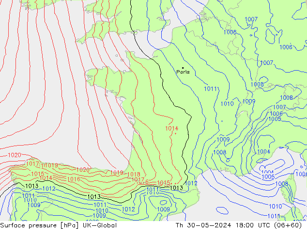 Pressione al suolo UK-Global gio 30.05.2024 18 UTC