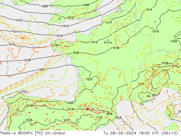 Theta-e 850hPa UK-Global mar 28.05.2024 18 UTC