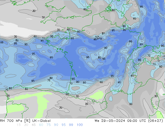 RH 700 hPa UK-Global Qua 29.05.2024 09 UTC