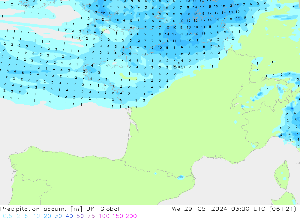 Precipitation accum. UK-Global We 29.05.2024 03 UTC