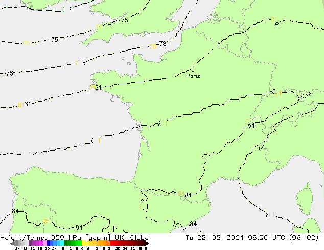 Height/Temp. 950 hPa UK-Global wto. 28.05.2024 08 UTC