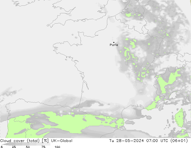 Nubes (total) UK-Global mar 28.05.2024 07 UTC
