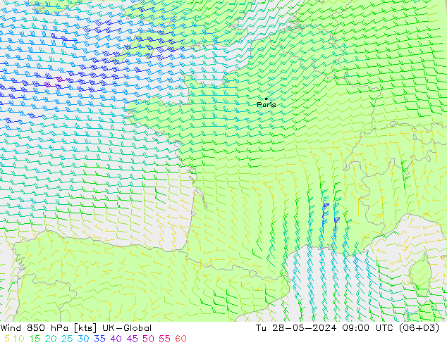 Wind 850 hPa UK-Global Út 28.05.2024 09 UTC