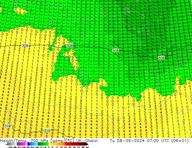 Height/Temp. 700 hPa UK-Global  28.05.2024 07 UTC