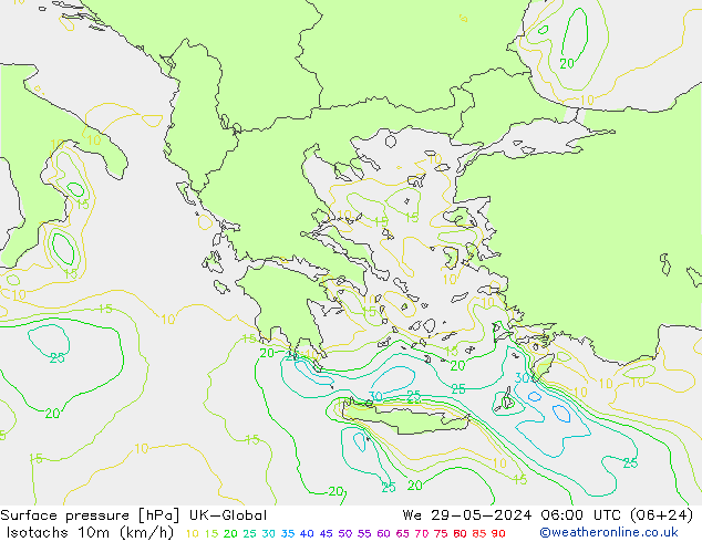 Isotachs (kph) UK-Global ср 29.05.2024 06 UTC