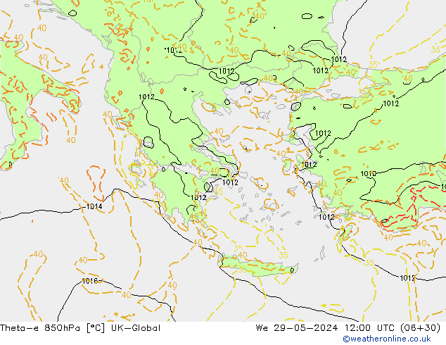 Theta-e 850hPa UK-Global Qua 29.05.2024 12 UTC