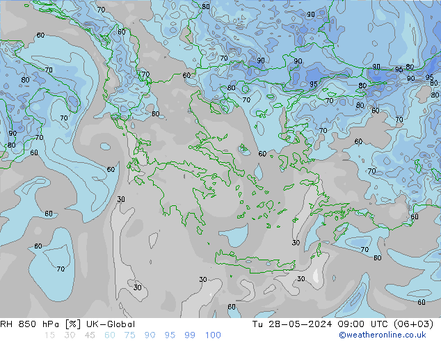 RH 850 hPa UK-Global wto. 28.05.2024 09 UTC