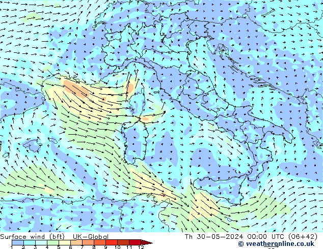 Vento 10 m (bft) UK-Global Qui 30.05.2024 00 UTC