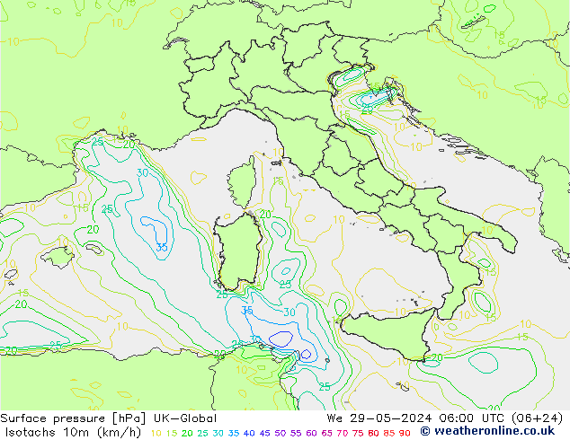 Isotachen (km/h) UK-Global wo 29.05.2024 06 UTC