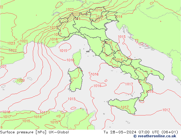 приземное давление UK-Global вт 28.05.2024 07 UTC