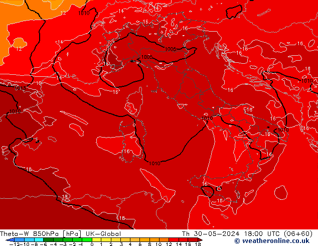 Theta-W 850hPa UK-Global Do 30.05.2024 18 UTC