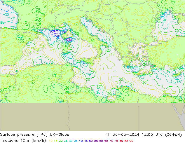 Isotachs (kph) UK-Global Th 30.05.2024 12 UTC