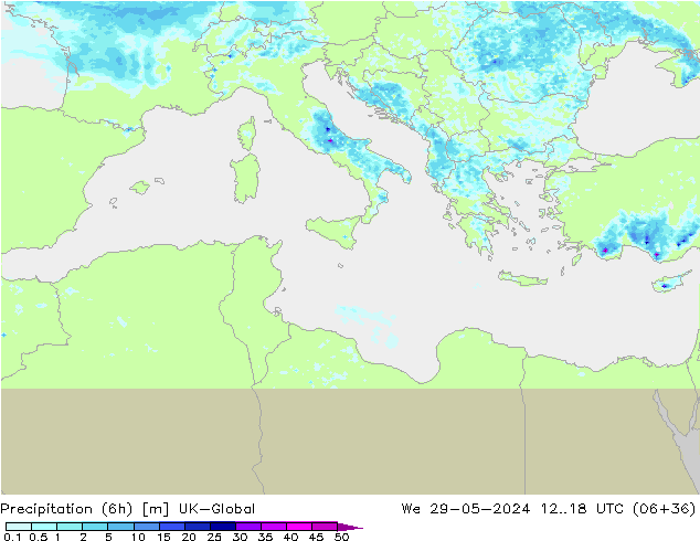 Précipitation (6h) UK-Global mer 29.05.2024 18 UTC