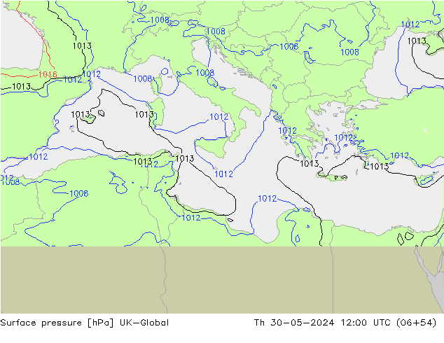 Pressione al suolo UK-Global gio 30.05.2024 12 UTC