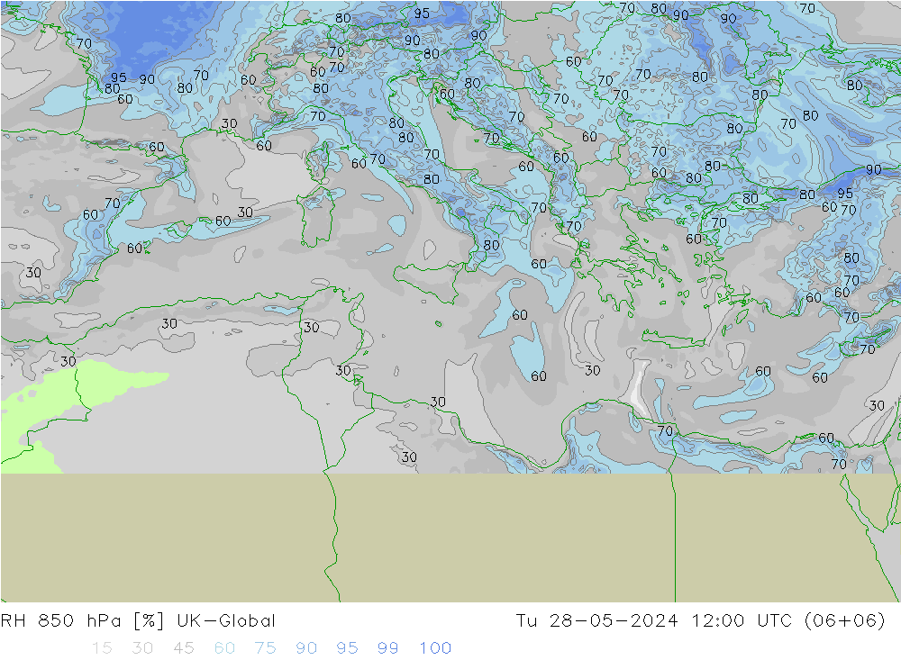 RH 850 hPa UK-Global Tu 28.05.2024 12 UTC