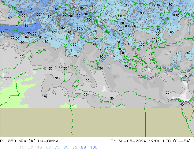 RH 850 гПа UK-Global чт 30.05.2024 12 UTC