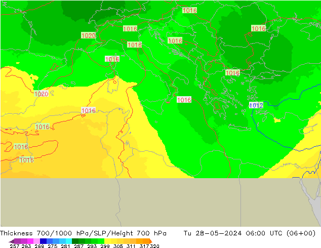 Thck 700-1000 hPa UK-Global Tu 28.05.2024 06 UTC