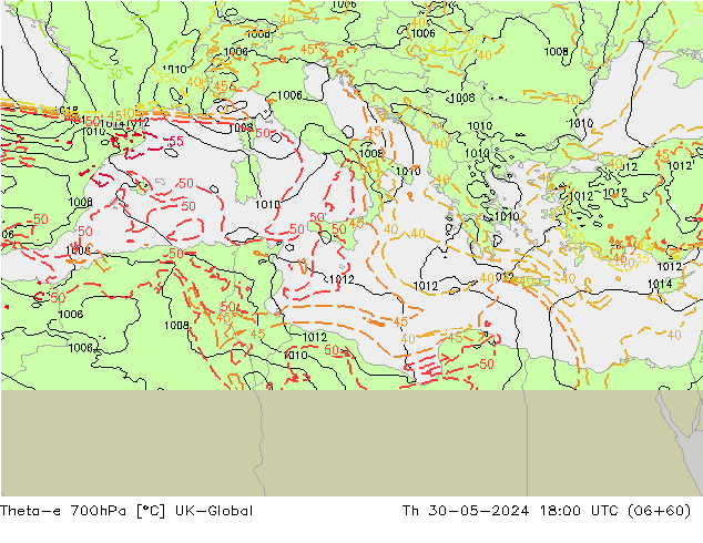 Theta-e 700гПа UK-Global чт 30.05.2024 18 UTC