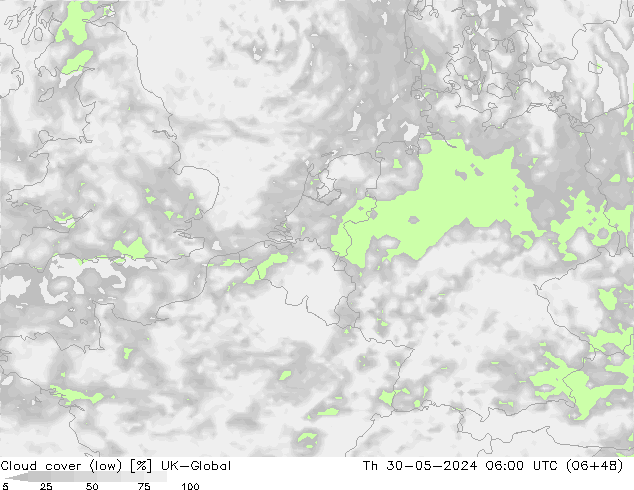 Cloud cover (low) UK-Global Th 30.05.2024 06 UTC