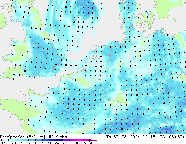 Precipitación (6h) UK-Global jue 30.05.2024 18 UTC