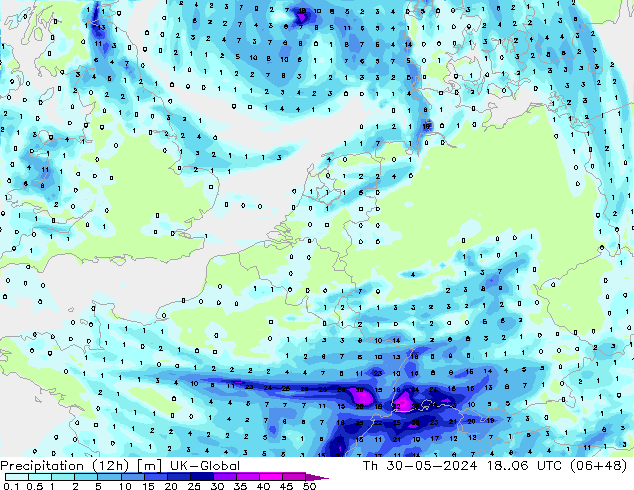 Precipitation (12h) UK-Global Th 30.05.2024 06 UTC