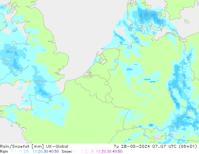 Rain/Snowfall UK-Global 星期二 28.05.2024 07 UTC