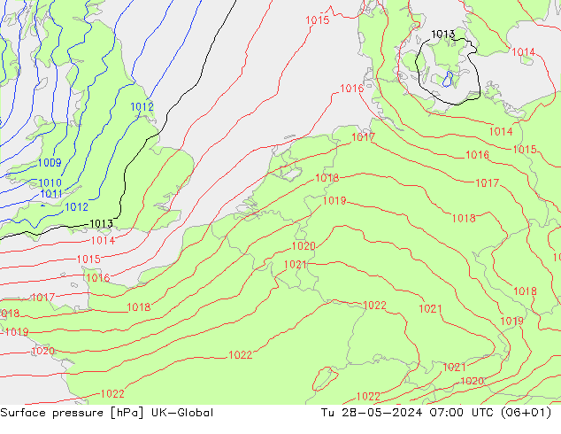 Presión superficial UK-Global mar 28.05.2024 07 UTC