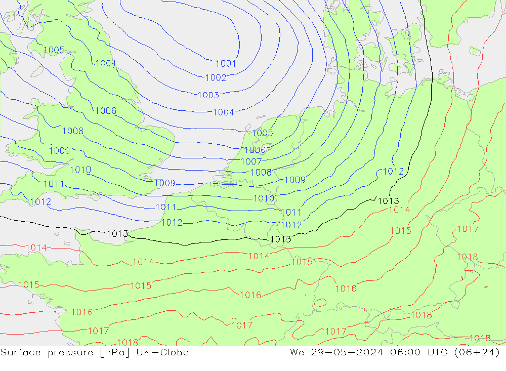 Pressione al suolo UK-Global mer 29.05.2024 06 UTC