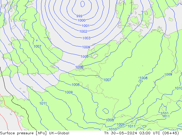 Surface pressure UK-Global Th 30.05.2024 03 UTC