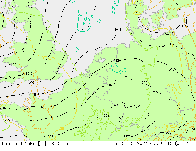 Theta-e 850hPa UK-Global 星期二 28.05.2024 09 UTC